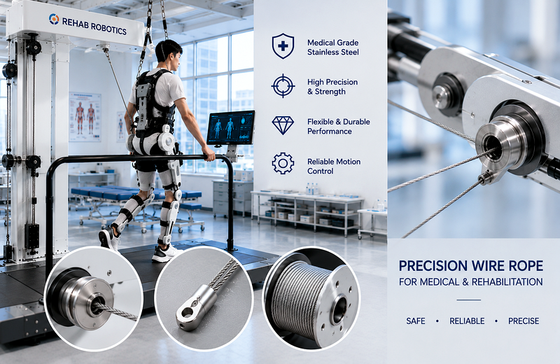 Precision medical wire rope for rehabilitation equipment and exoskeleton cable systems