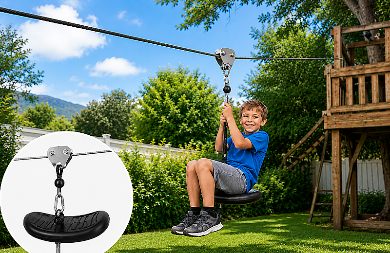 Kids zip line cable with seat for backyard playground