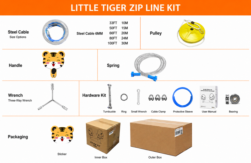 Little Tiger Kids Zip Line Kit components