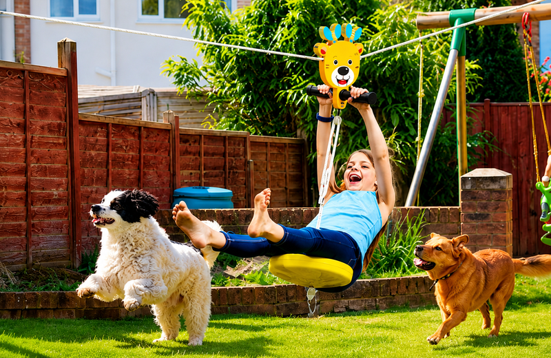 Children playing on a Little Tiger backyard zip line kit