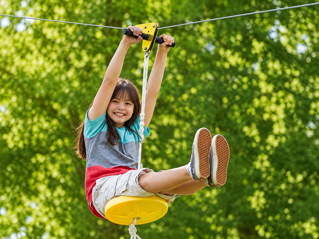 Kids zip line seat in outdoor use