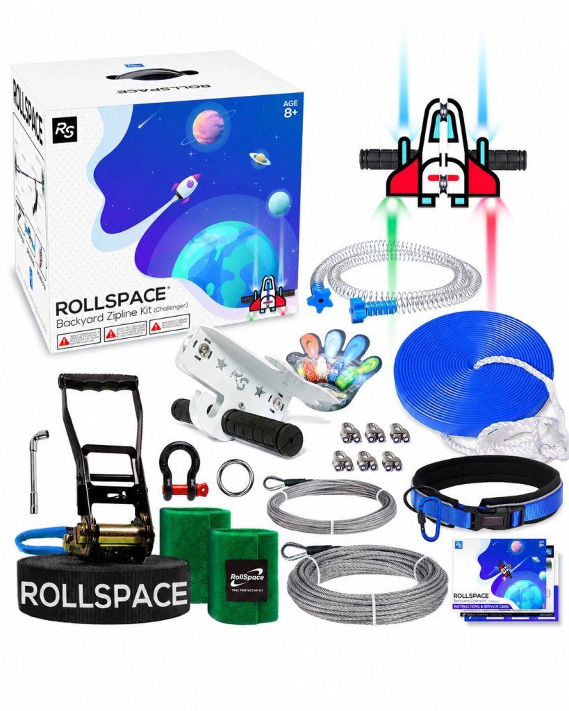 Kids zip line kit with trolley, seat, steel cable and safety accessories