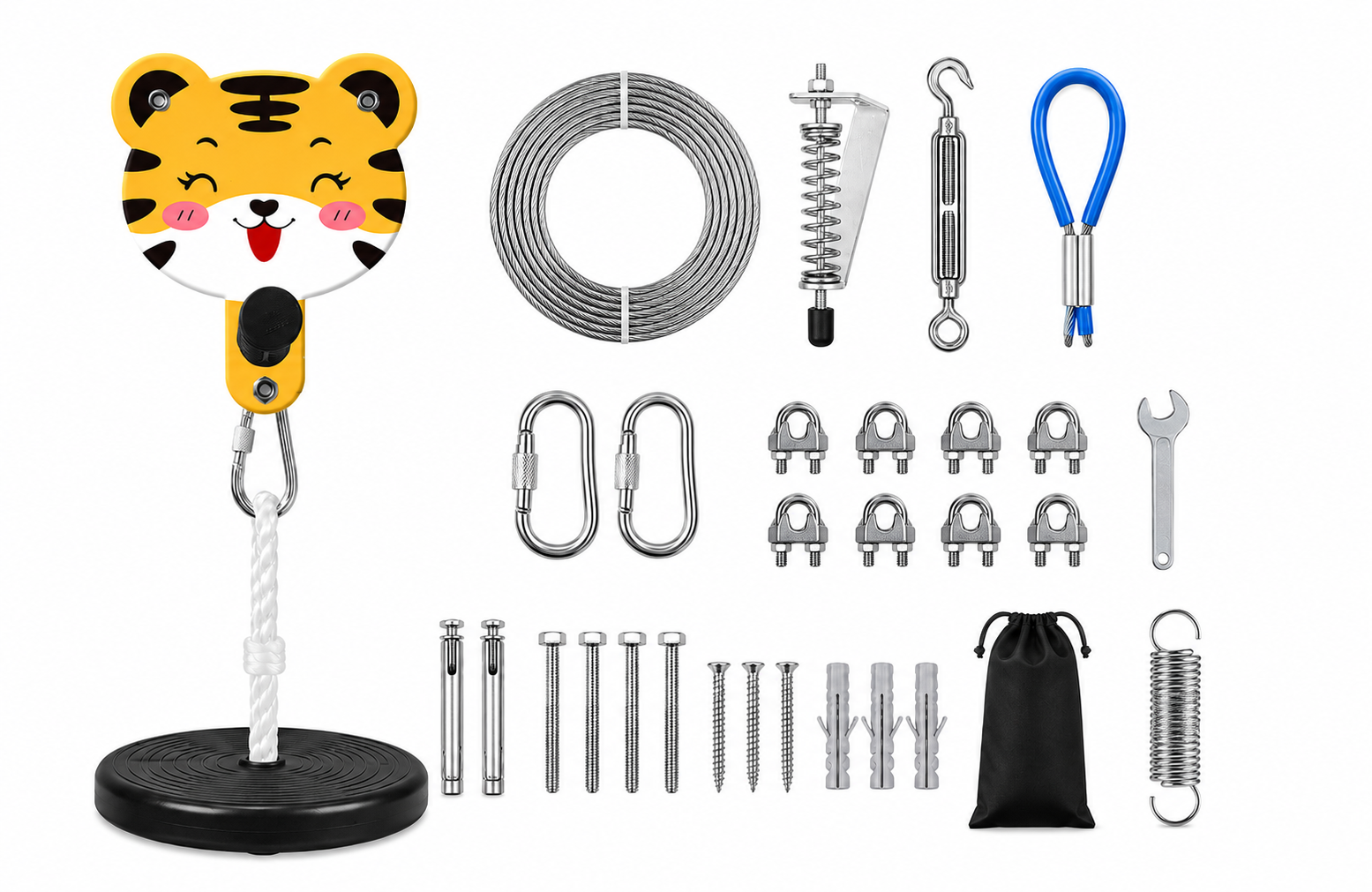 Little tiger kids zip line kit with seat, steel cable, spring brake and accessories