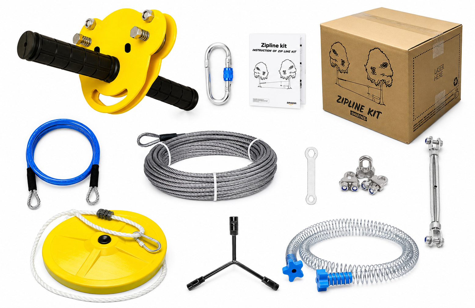 Happy face kids zip line kit with seat, steel cable, spring brake and accessories