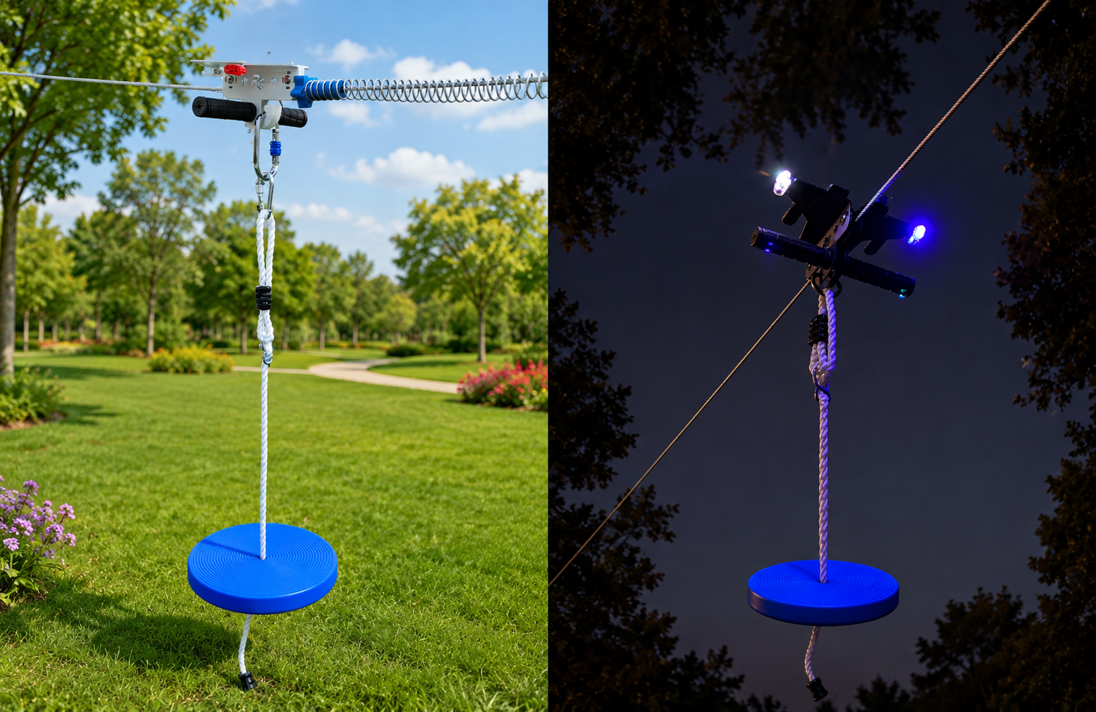 Light-Up Cruiser Airplane Zip Line Kit shown in daytime and nighttime use
