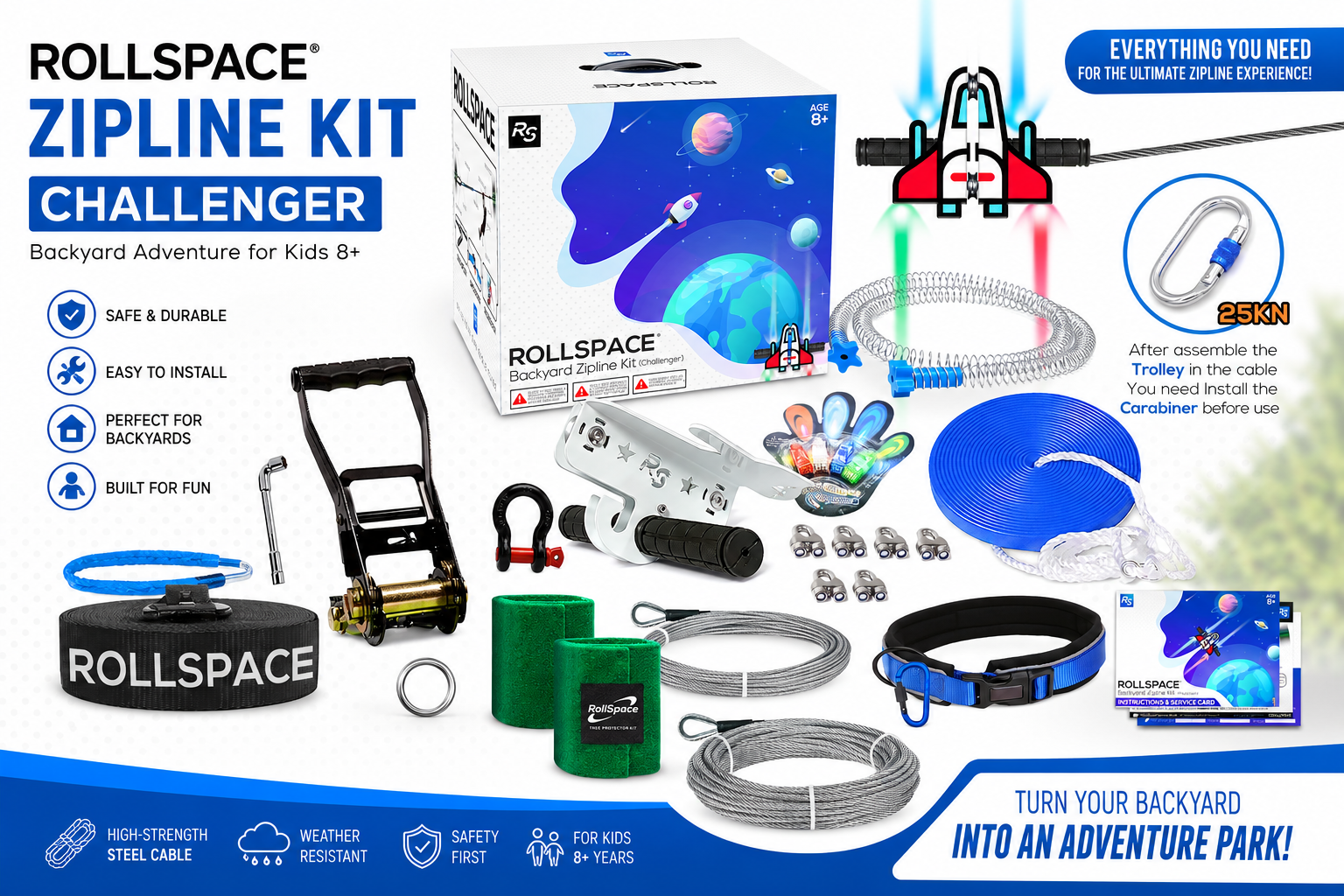 Light-up airplane kids zip line kit with safety accessories for outdoor play and sample testing