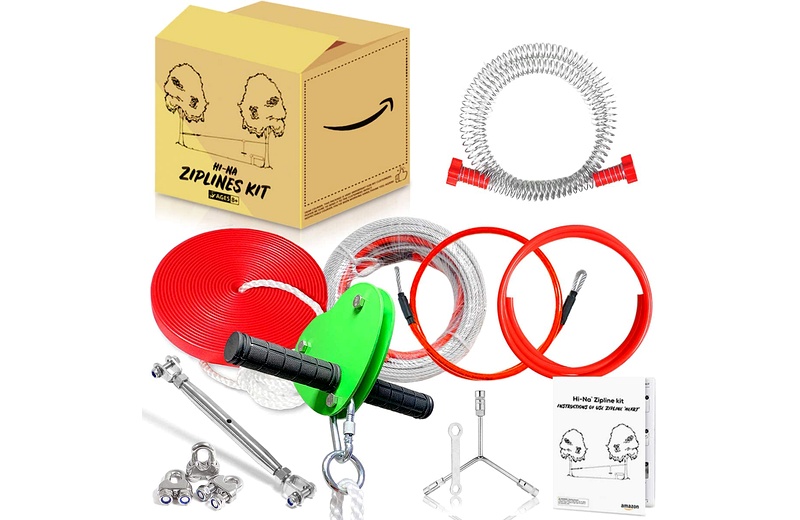 Heart handle kids zip line kit with seat, steel cable, brake spring and installation accessories