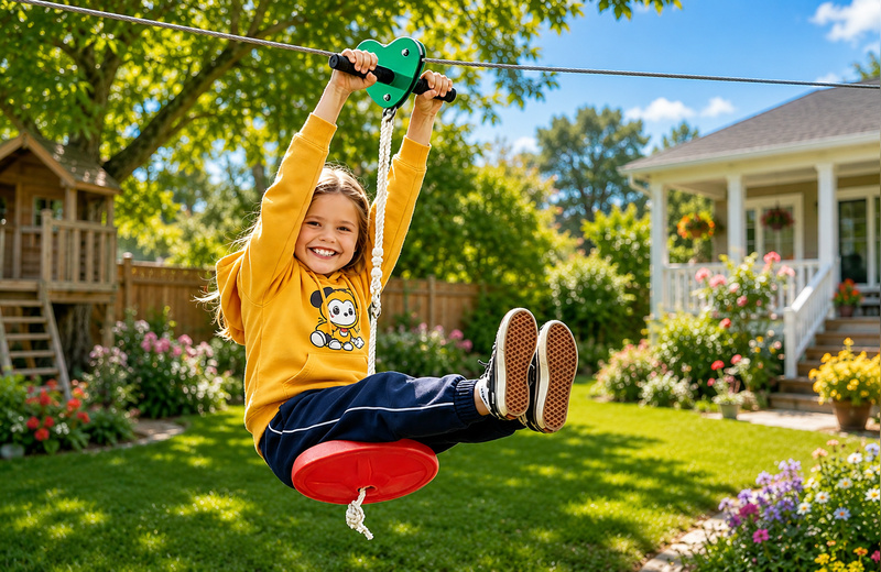 Super Triangle Kids Zip Line Kit backyard scene