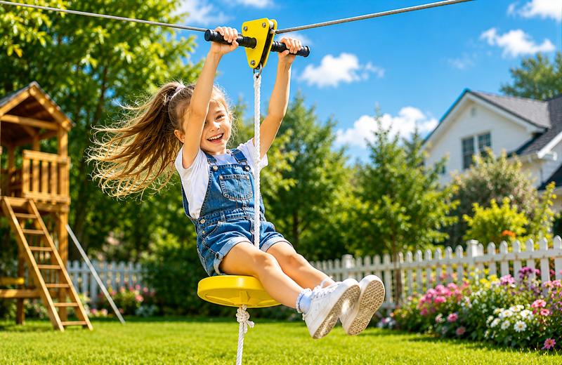 Little Tiger kids zip line kit in backyard