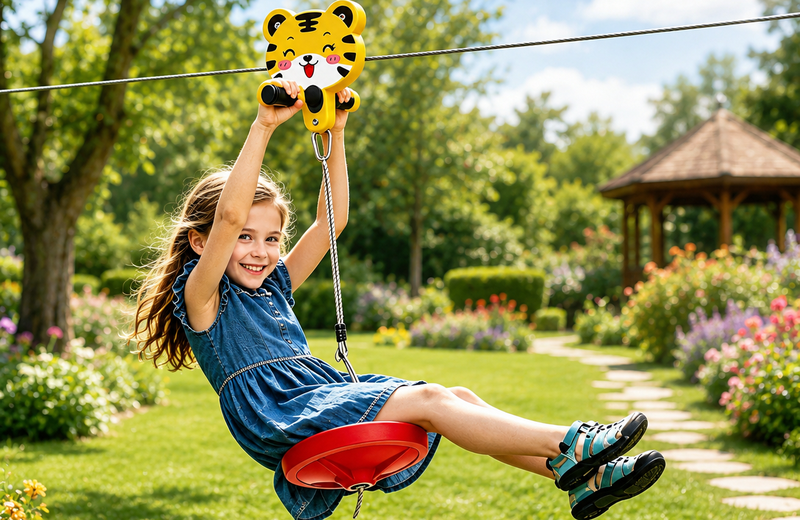 Little Tiger Kids Zip Line Kit backyard scene