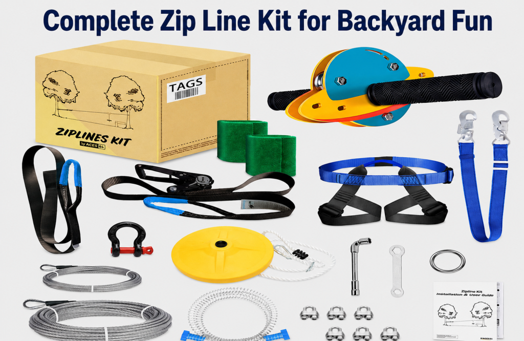 Complete kids zip line kit with trolley, disc swing seat, cable and accessories