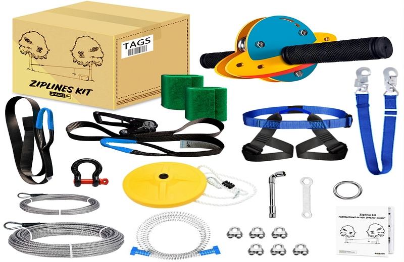 UFO handle kids zip line kit with safety harness, seat, steel cable and accessories