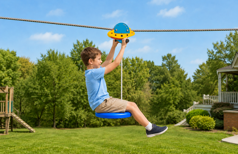 Boy riding kids zip line kit with disc swing seat in backyard