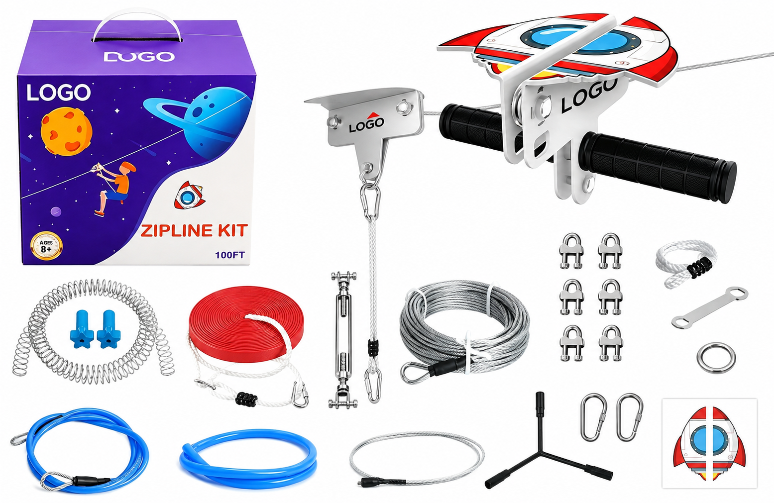 Mini spaceship kids zip line kit with rocket trolley, seat, steel cable and installation accessories