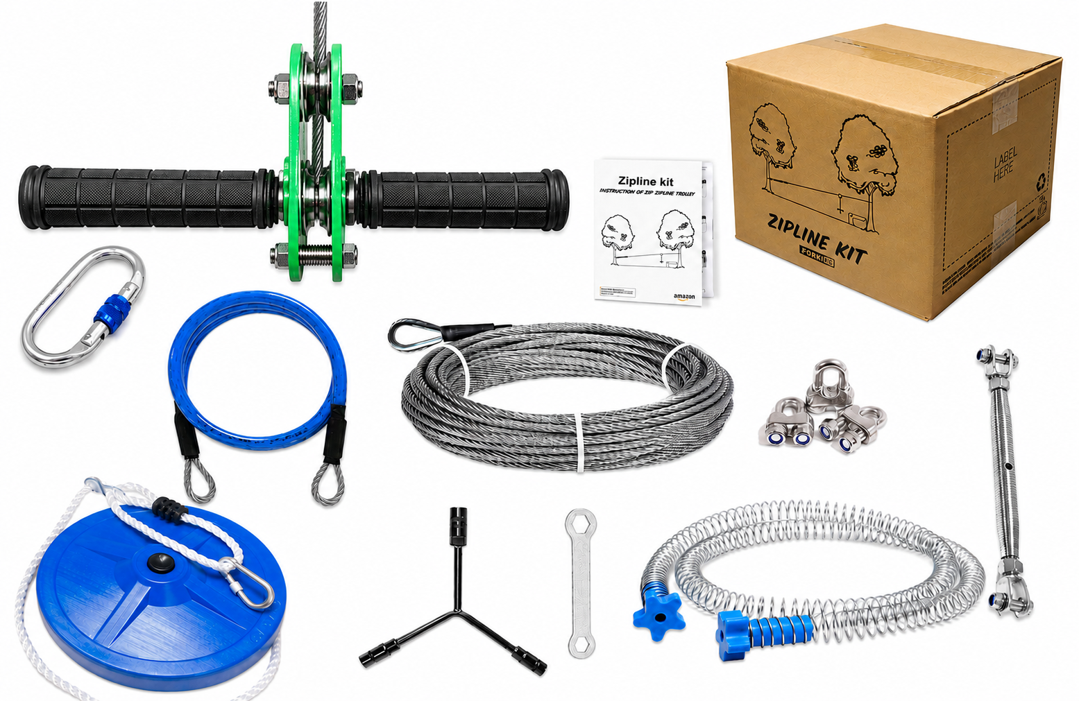 Green handle kids zip line kit with seat, steel cable, trolley, spring brake and accessories