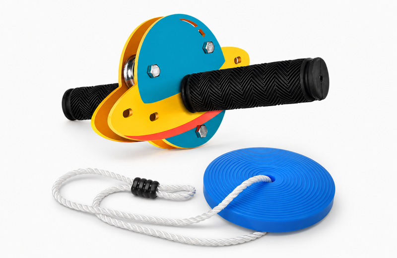 Colorful kids zip line trolley with blue disc swing seat and rope kit