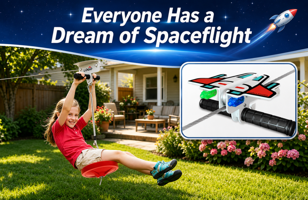 Kids zip line kit backyard scene with airplane zipline trolley and child outdoor play