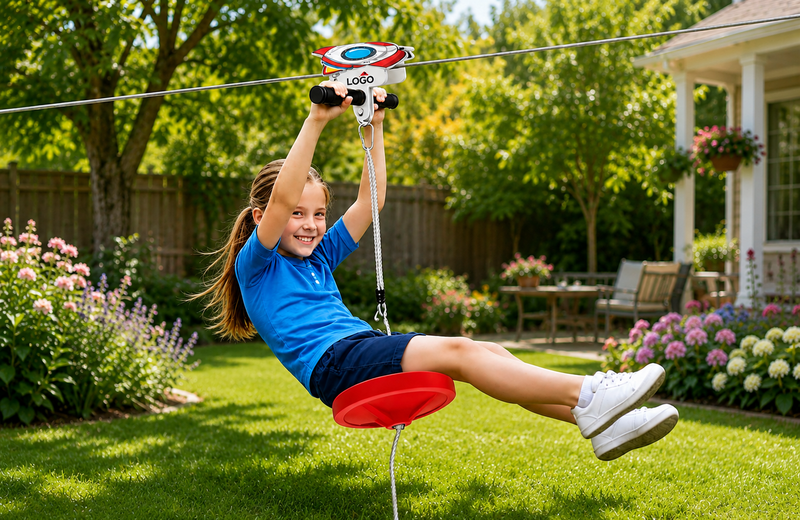 Light-Up Airplane Zip Line Kit backyard scene