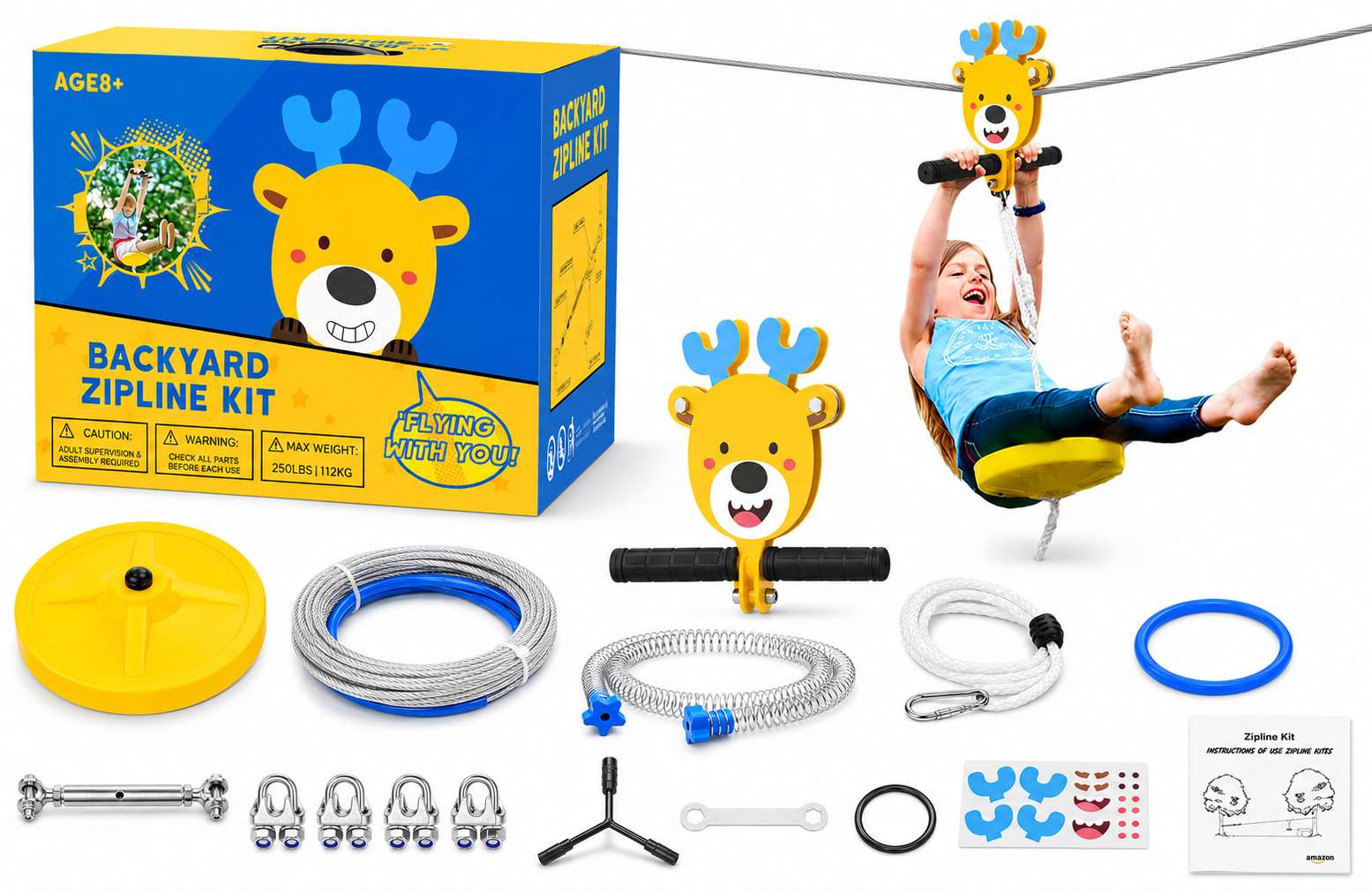 Kids zip line kit with yellow deer trolley, seat and accessories